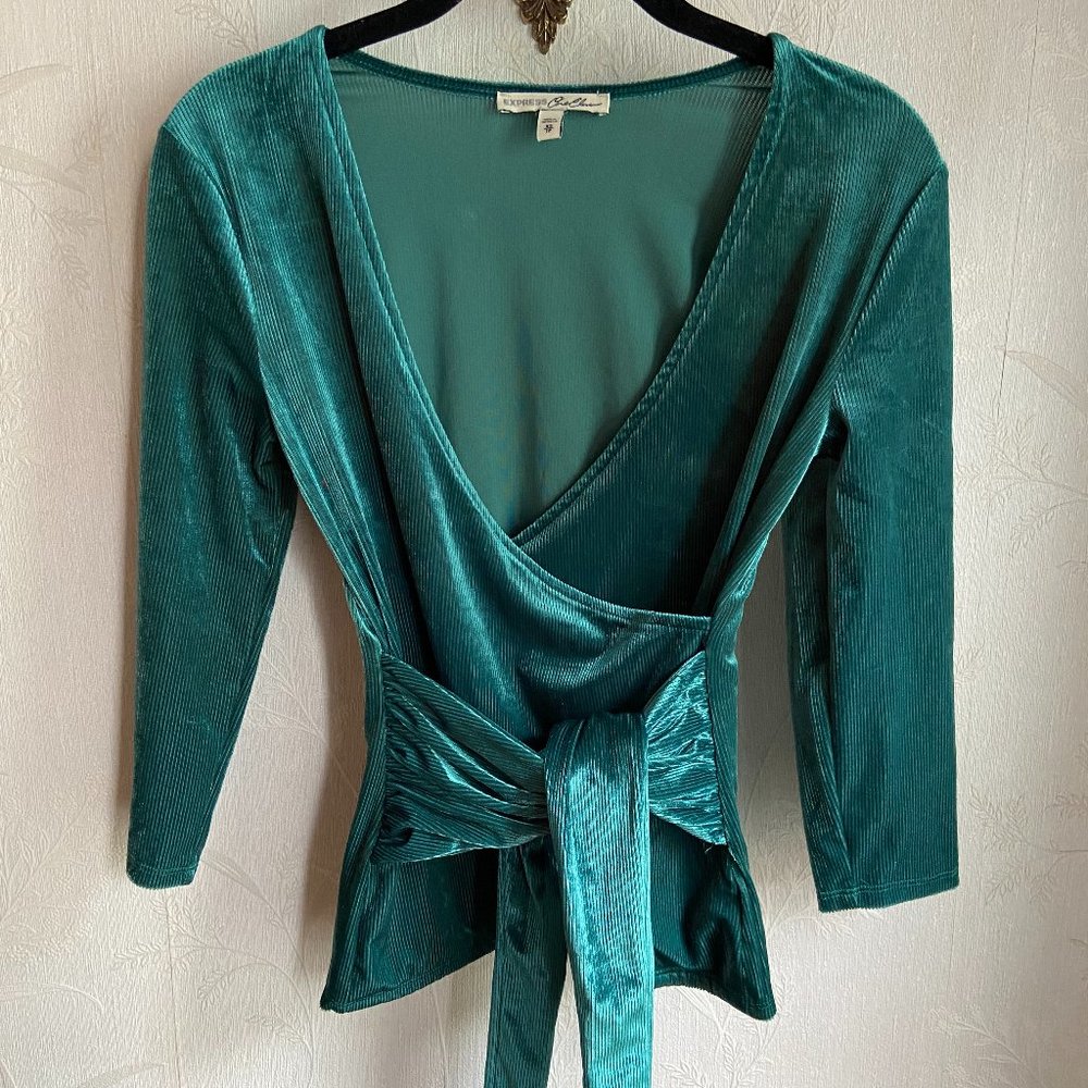 Express One Eleven Green Ribbed Velvet Wrap Front Top, Size XS